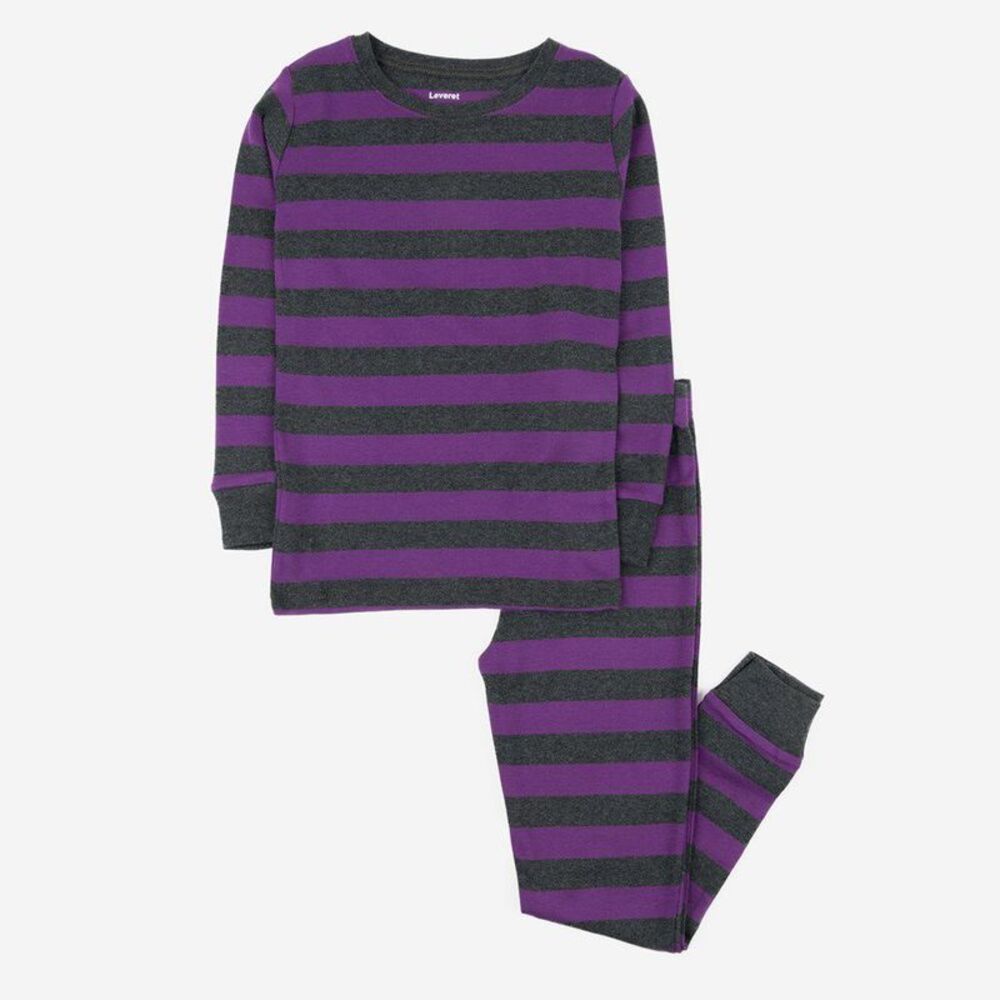 Leveret Two Piece Cotton Pajamas Striped Purple and Dark Gray 2